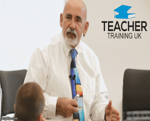 a man in a white shirt and tie is talking in front of a teacher training uk logo