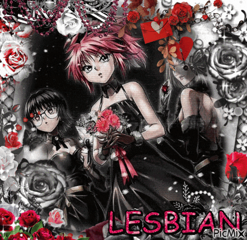 a picture of three anime girls with the word lesbian in pink