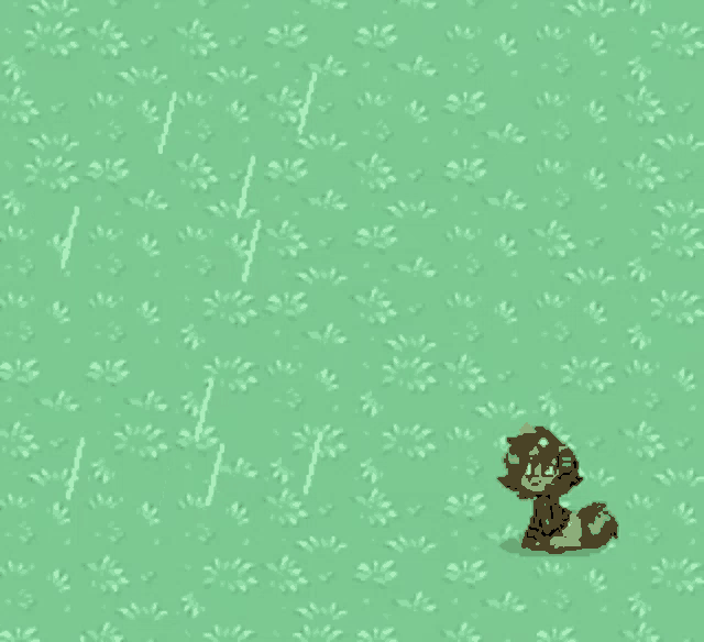 a pixel art of a cat sitting in a field with rain coming down .