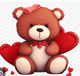 a teddy bear with a pink bow on its head is sitting next to red hearts