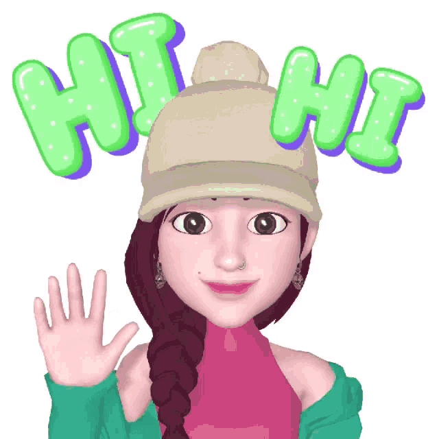 a cartoon girl wearing a hat with the words hi hi behind her