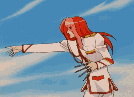 a cartoon character with red hair is holding a pair of scissors in her hand