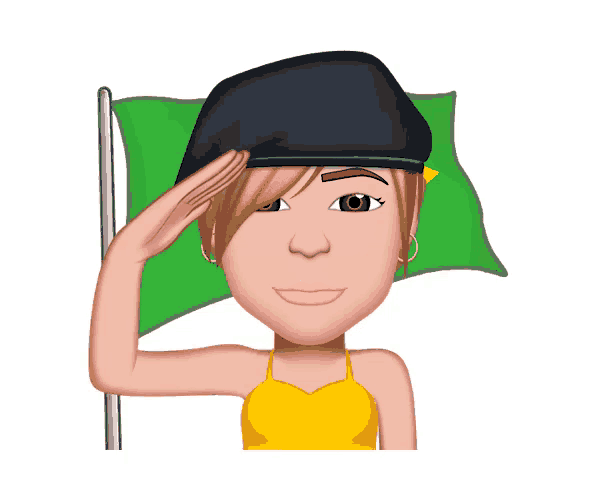 a cartoon girl wearing a black beret holds a green flag