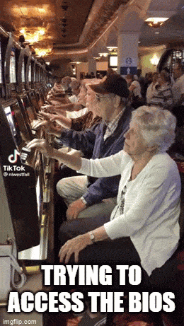 a group of elderly people are playing a slot machine and the caption says trying to access the bios