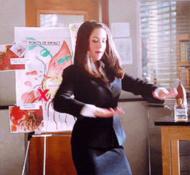 a woman in a suit is dancing in front of a poster that says " points of impact "