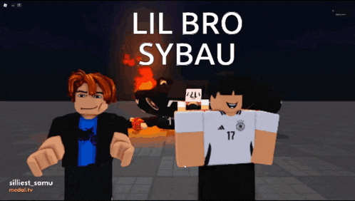 two cartoon characters are standing next to each other with lil bro sybau written on the top