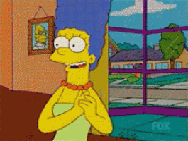 a cartoon of marge simpson standing in front of a window with the fox logo on the bottom