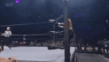 a man is flying through the air in a wrestling ring while a group of people celebrate .