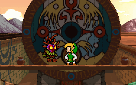 a pixel art drawing of link standing in front of a large shield