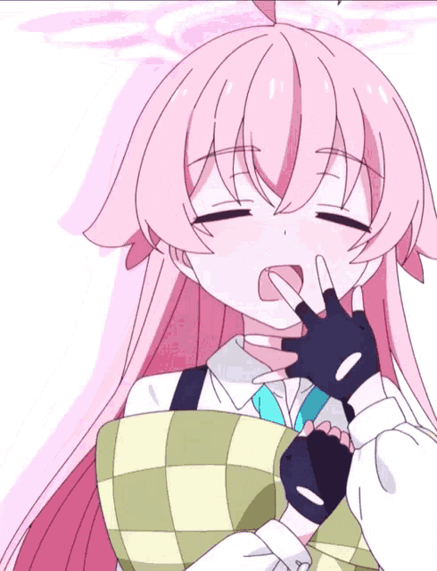 a girl with pink hair is wearing gloves and a plaid shirt