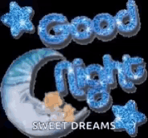 a baby is sleeping on a crescent moon with the words " good night sweet dreams "
