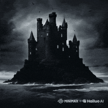 a black and white photo of a castle on a small island in the middle of the ocean