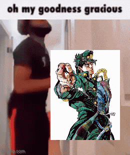 a man standing next to a picture of jotaro kujo