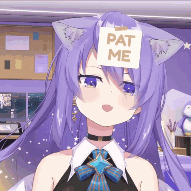 a girl with purple hair has a note taped to her head that reads pat me