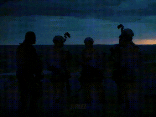 a group of soldiers are silhouetted against a cloudy sky and the word strikes is on the bottom