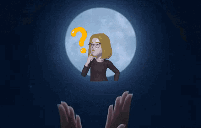 a woman with glasses and a question mark on her head