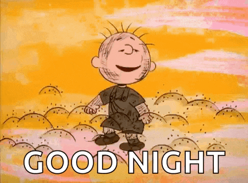 a cartoon character is dancing in a field with the words `` good night '' written on it .