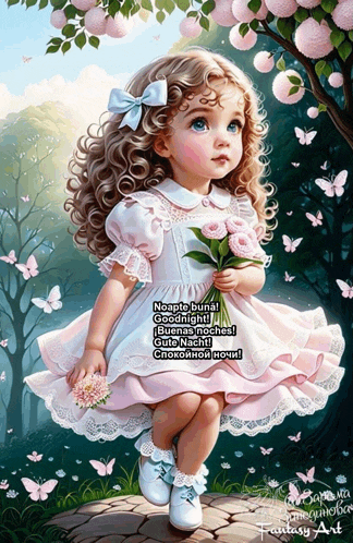a little girl in a pink dress is holding a bouquet of flowers and says goodnight