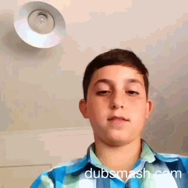 a boy in a blue and white plaid shirt looks at the camera with dubsmash.com written on the bottom right