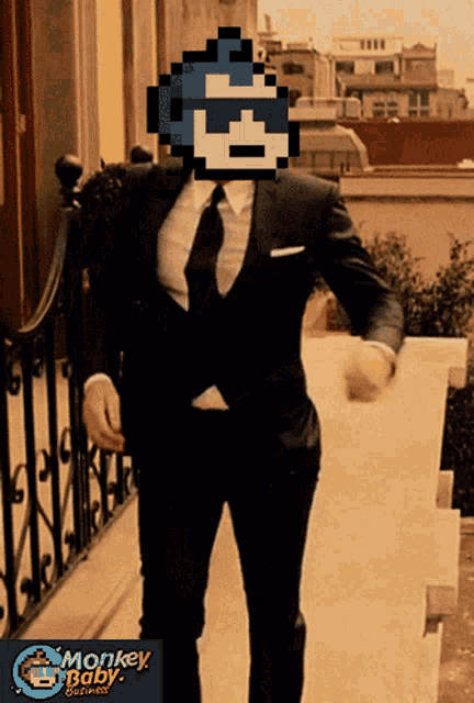 a pixel art of a man in a suit and tie with a monkey baby business logo in the corner