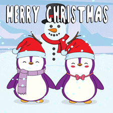 two penguins wearing santa hats and scarves are standing in front of a snowman and the words merry christmas
