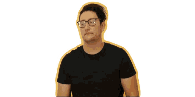 a man wearing glasses and a black shirt with the words dejame pensarlo written on it