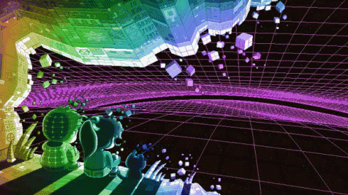 two cartoon characters looking at a futuristic scene with a purple background