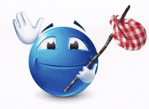 a blue smiley face is holding a stick and a red and white checkered bag .