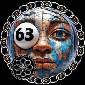 a painting of a woman 's face with a lottery ball in her eye with the number 63 on it