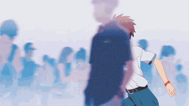 a boy in a white shirt and tie is running through a crowd