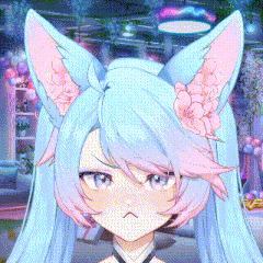 a close up of a girl with blue hair and pink ears