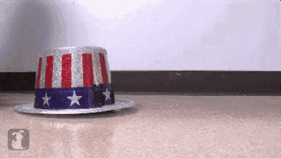 a red white and blue top hat with stars on it is on the floor