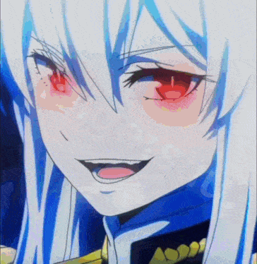 a close up of a anime girl with red eyes