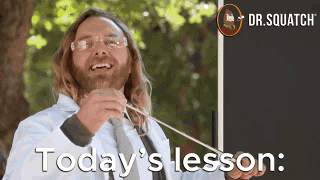 a man in a lab coat holding a stick with the words today 's lesson on the bottom