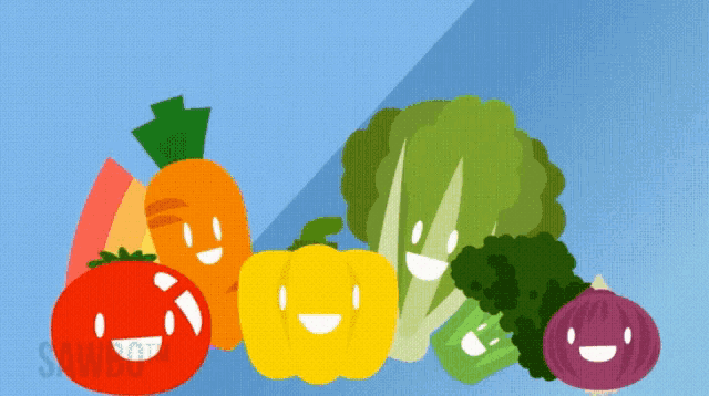 a bunch of vegetables with faces on them are smiling