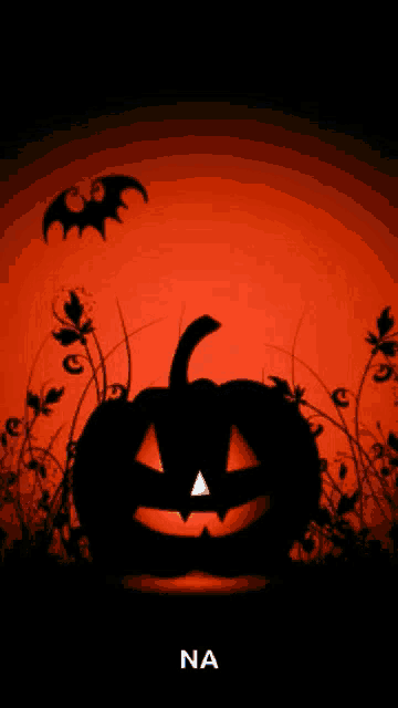 a halloween background with a pumpkin and bats and the letters na on the bottom