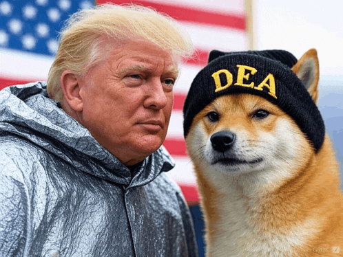 a dog wearing a dea hat stands next to a man