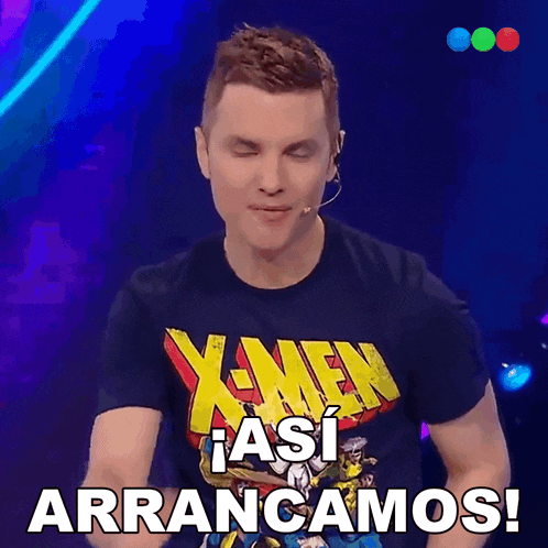 a man wearing a x-men t-shirt says arrancamos in spanish