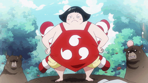 a cartoon character with a red and white top with a white circle on the back