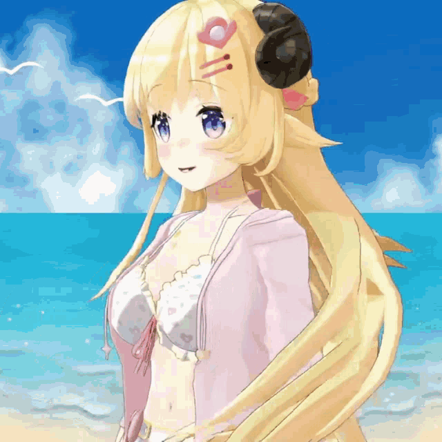 a blonde anime girl with horns on her head is standing on a beach