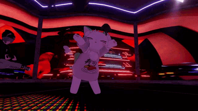 a cartoon cat with a sushi t-shirt on is dancing