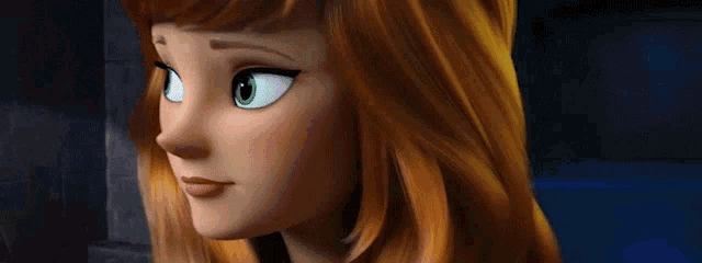 a close up of a cartoon girl 's face with red hair and blue eyes