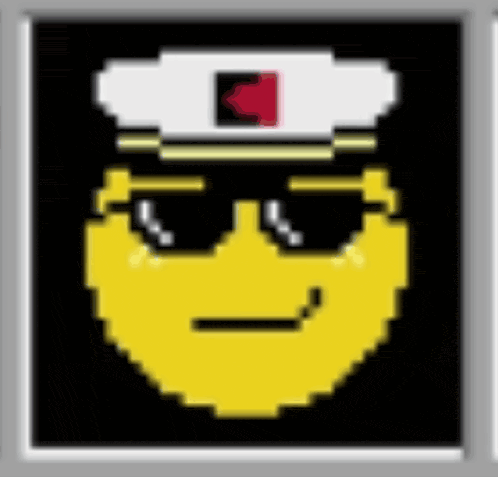 a pixel art of a yellow smiley face wearing sunglasses and a hat .