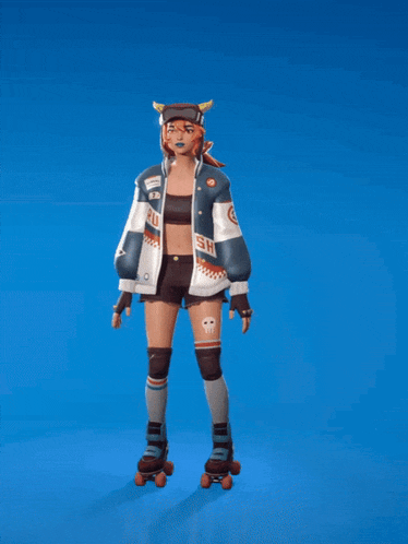 a woman wearing roller skates and a jacket that says sh