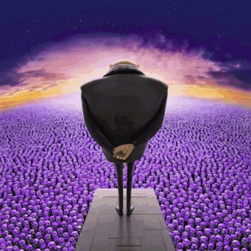 a cartoon character stands in front of a field of skulls