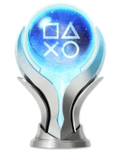 a silver trophy with a blue playstation logo on it