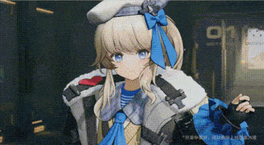 a girl with blonde hair and blue eyes is wearing a white hat and a blue scarf