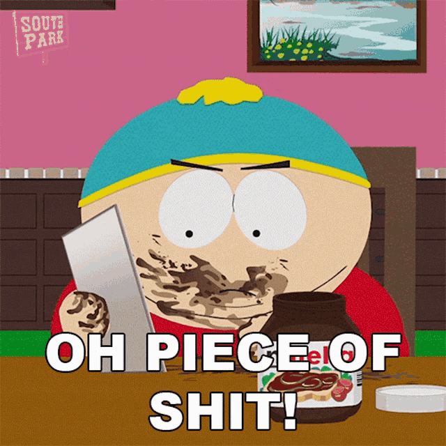 a cartoon character from south park is eating a jar of nutella