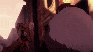 a cartoon of a man holding a sword standing next to a large furry animal