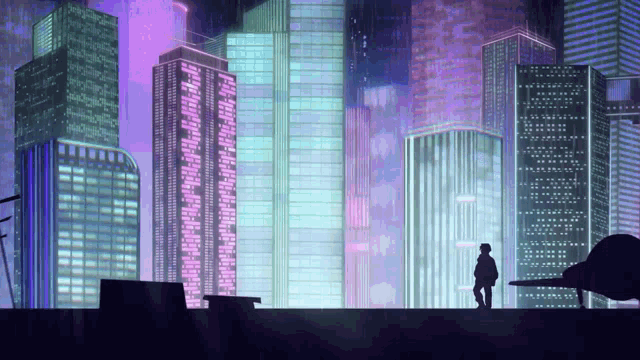 a person standing on top of a building in a futuristic city